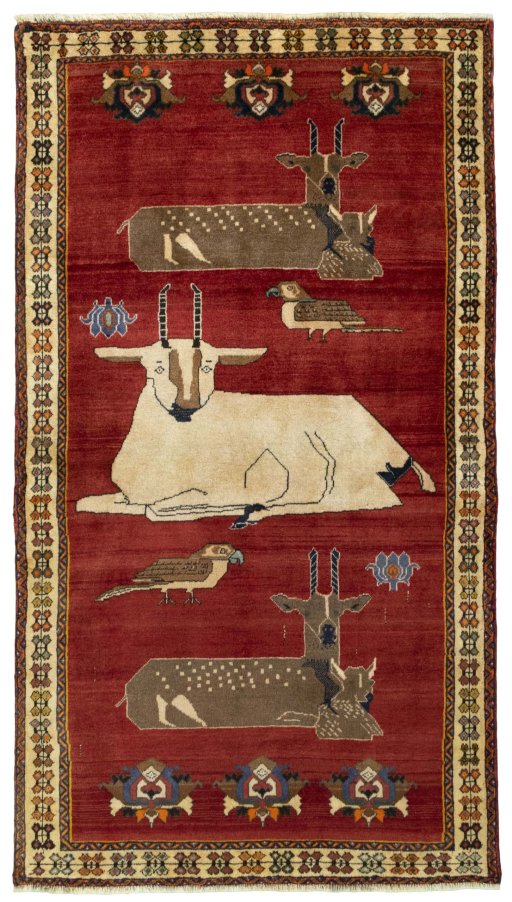 Full view of 2000s Persian Gabbeh rug from Iran / Persia, 215 × 120 cm in Red tones