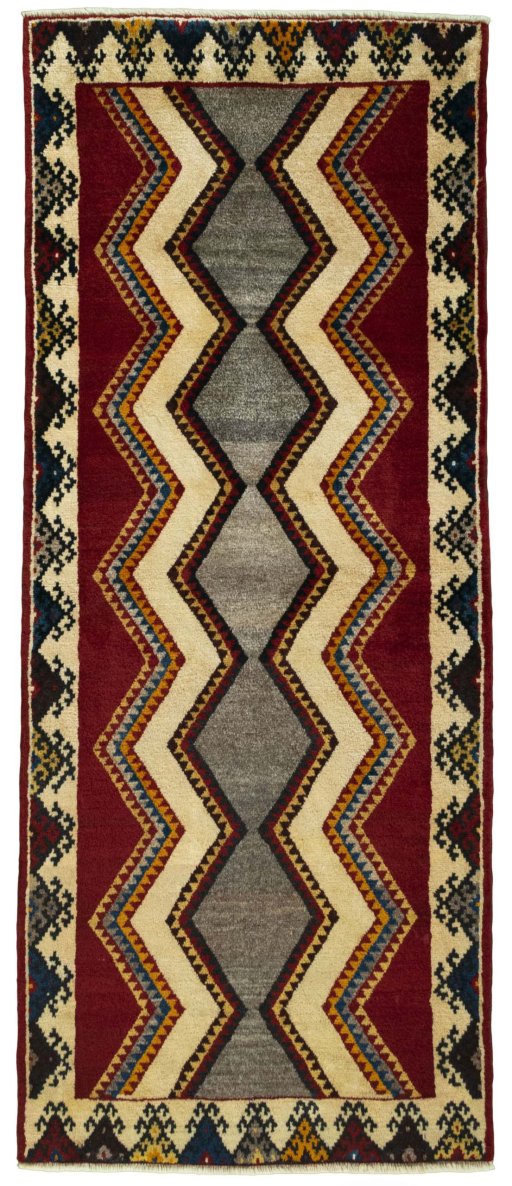 Full view of 2000s Persian Gabbeh rug from Iran / Persia, 206 × 86 cm in Red tones