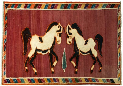 Full view of 2000s Persian Gabbeh rug from Iran / Persia, 151 × 108 cm in Red tones