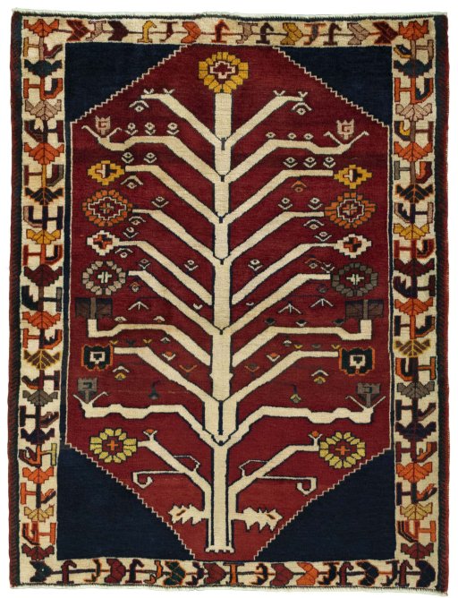 Full view of 2000s Persian Gabbeh rug from Iran / Persia, 153 × 118 cm in Red tones