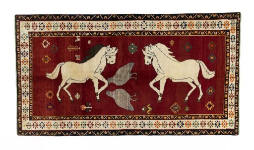 Full view of 2000s Persian Gabbeh rug from Iran / Persia, 281 × 154 cm in Red tones