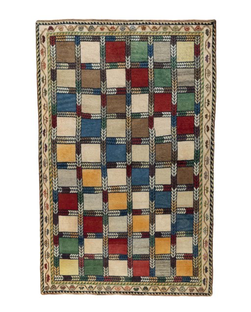 Full view of 2000s Persian Gabbeh rug from Iran / Persia, 206 × 133 cm in Multi Color tones