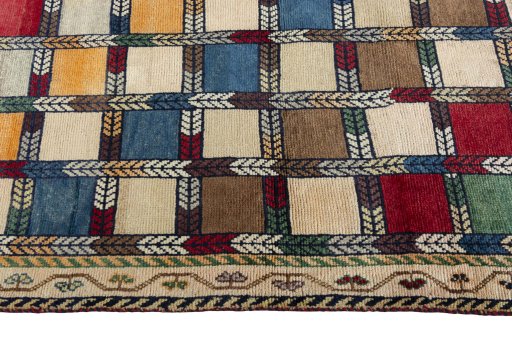 Close-up detail of 2000s Persian Gabbeh rug from Iran / Persia showing Wool weave