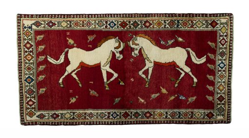 Full view of 2000s Persian Gabbeh rug from Iran / Persia, 204 × 107 cm in Red tones