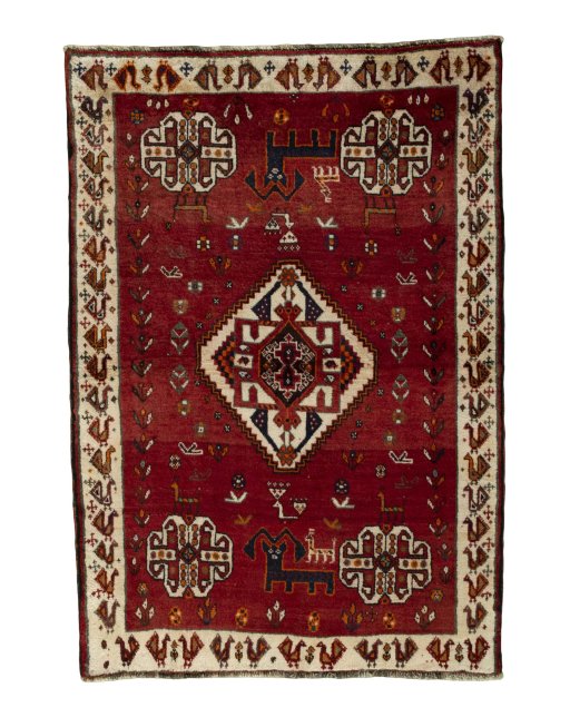 Full view of 2000s Persian Gabbeh rug from Iran / Persia, 147 × 103 cm in Red tones