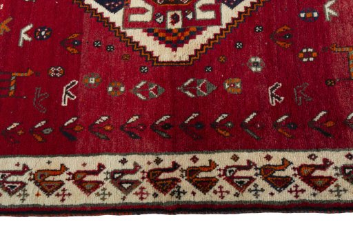 Full view of 2000s Persian Gabbeh rug from Iran / Persia, 147 × 103 cm in Red tones
