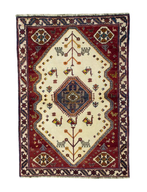 Full view of 2000s Persian Gabbeh rug from Iran / Persia, 158 × 108 cm in Beige tones