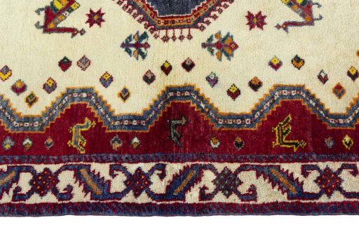 Full view of 2000s Persian Gabbeh rug from Iran / Persia, 158 × 108 cm in Beige tones