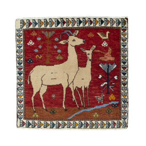 Full view of 2000s Persian Gabbeh rug from Iran / Persia, 62 × 63 cm in Red tones