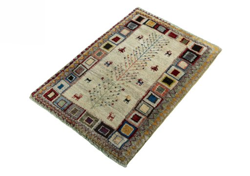Corner detail of New Persian Gabbeh rug showing border pattern and Wool pile