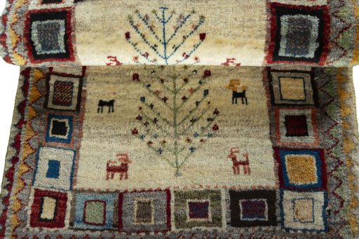Full view of New Persian Gabbeh rug from Iran / Persia, 95 × 65 cm in Beige tones