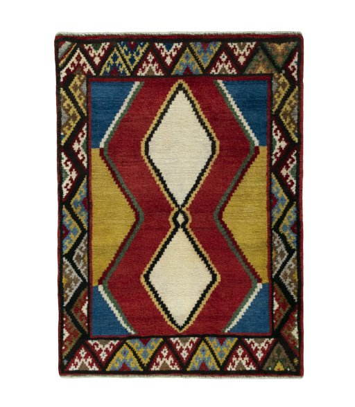 Full view of 2000s Persian Gabbeh rug from Iran / Persia, 117 × 85 cm in Multi Color tones