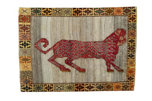 Full view of 2000s Persian Gabbeh rug from Iran / Persia, 153 × 111 cm in Beige tones