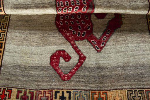Full view of 2000s Persian Gabbeh rug from Iran / Persia, 153 × 111 cm in Beige tones