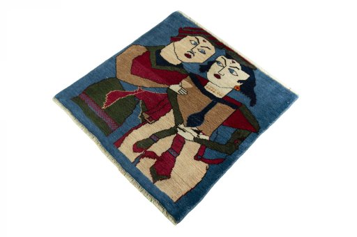 Corner detail of 2000s Persian Gabbeh rug showing border pattern and Wool pile