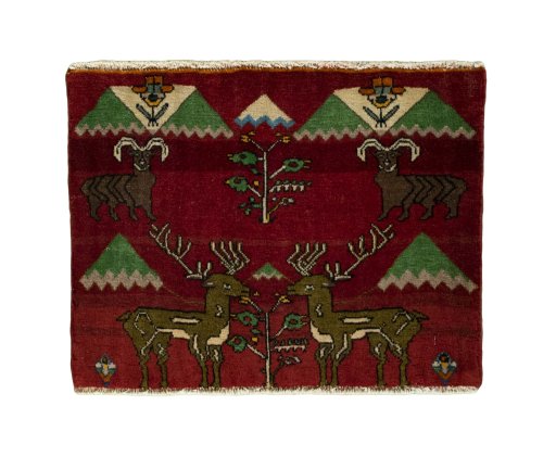 Full view of 2000s Persian Gabbeh rug from Iran / Persia, 49 × 62 cm in Red tones