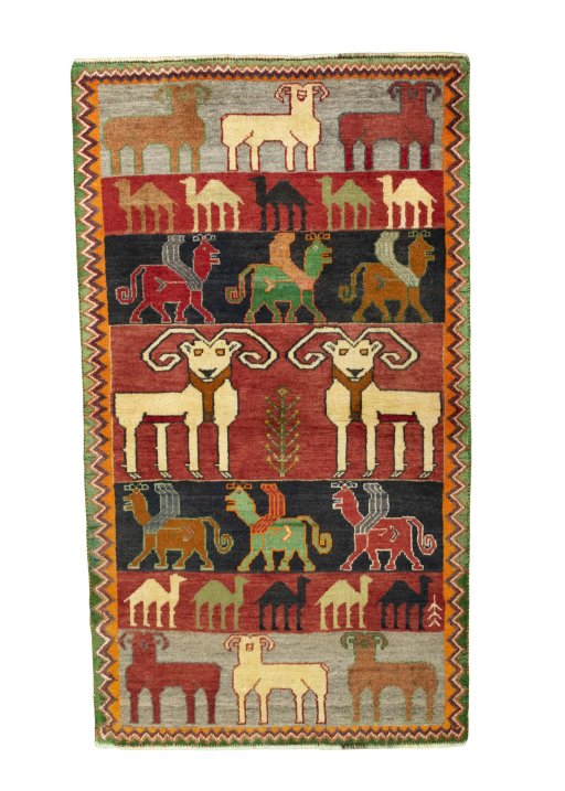 Full view of 2000s Persian Gabbeh rug from Iran / Persia, 185 × 105 cm in Multi Color tones
