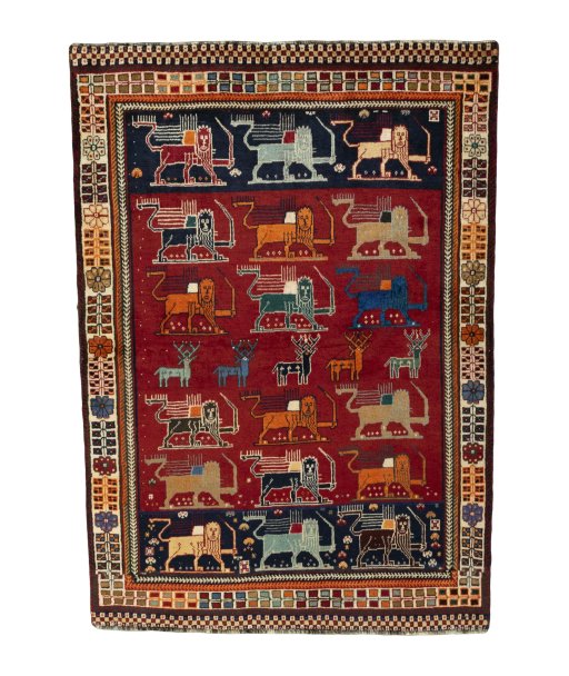 Full view of 2000s Persian Gabbeh rug from Iran / Persia, 185 × 132 cm in Red tones