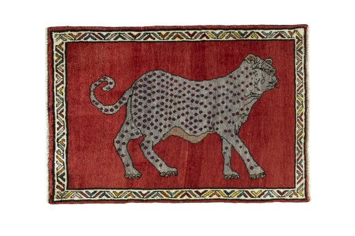 Full view of 2000s Persian Gabbeh rug from Iran / Persia, 108 × 75 cm in Red tones