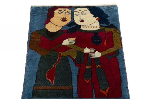 Surface texture of 2000s Persian Gabbeh rug with natural Wool and intricate pattern