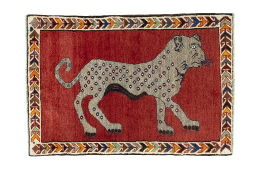 Full view of 2000s Persian Gabbeh rug from Iran / Persia, 125 × 86 cm in Red tones