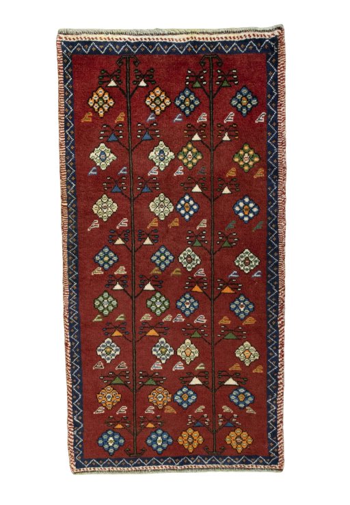 Full view of 2000s Persian Gabbeh rug from Iran / Persia, 143 × 74 cm in Red tones