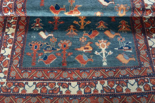 Full view of 2000s Persian Gabbeh rug from Iran / Persia, 153 × 120 cm in Green tones