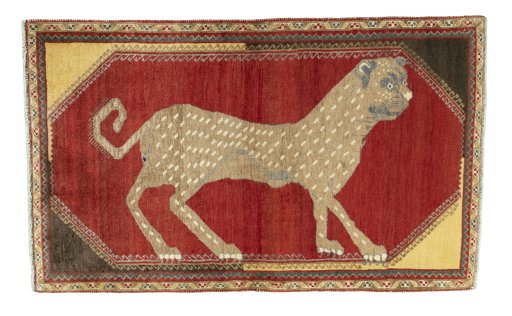 Full view of 2000s Persian Gabbeh rug from Iran / Persia, 182 × 110 cm in Red tones
