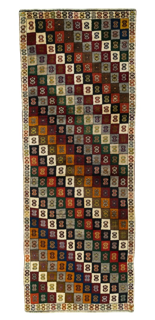 Full view of 2000s Persian Gabbeh rug from Iran / Persia, 300 × 113 cm in Multi Color tones