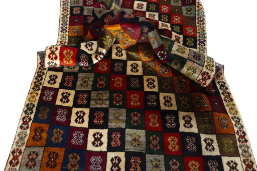 Full view of 2000s Persian Gabbeh rug from Iran / Persia, 300 × 113 cm in Multi Color tones