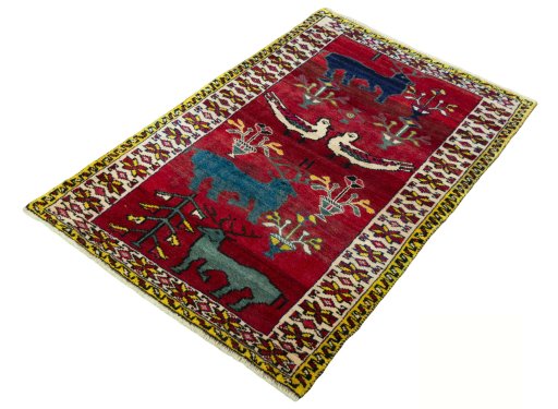 Corner detail of 2000s Persian Gabbeh rug showing border pattern and Wool pile