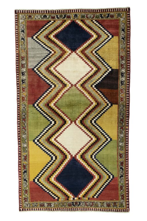 Full view of 2000s Persian Gabbeh rug from Iran / Persia, 234 × 132 cm in Multi Color tones
