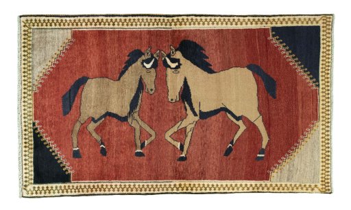 Full view of 2000s Persian Gabbeh rug from Iran / Persia, 177 × 105 cm in Red tones