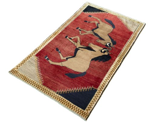Corner detail of 2000s Persian Gabbeh rug showing border pattern and Wool pile
