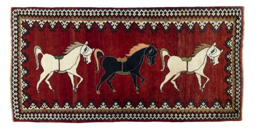 Full view of 2000s Persian Gabbeh rug from Iran / Persia, 218 × 110 cm in Red tones