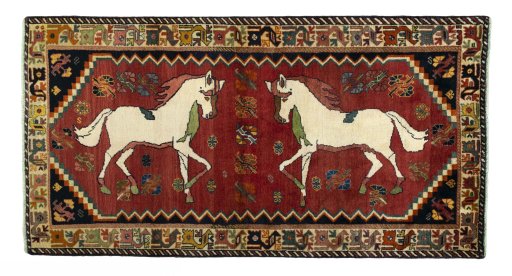 Full view of 2000s Persian Gabbeh rug from Iran / Persia, 217 × 114 cm in Red tones