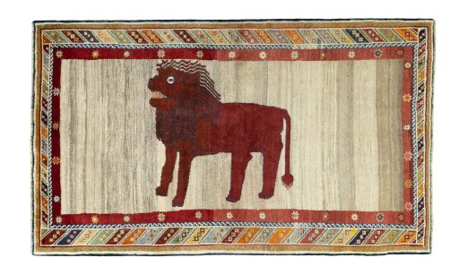 Full view of 2000s Persian Gabbeh rug from Iran / Persia, 245 × 146 cm in Beige tones