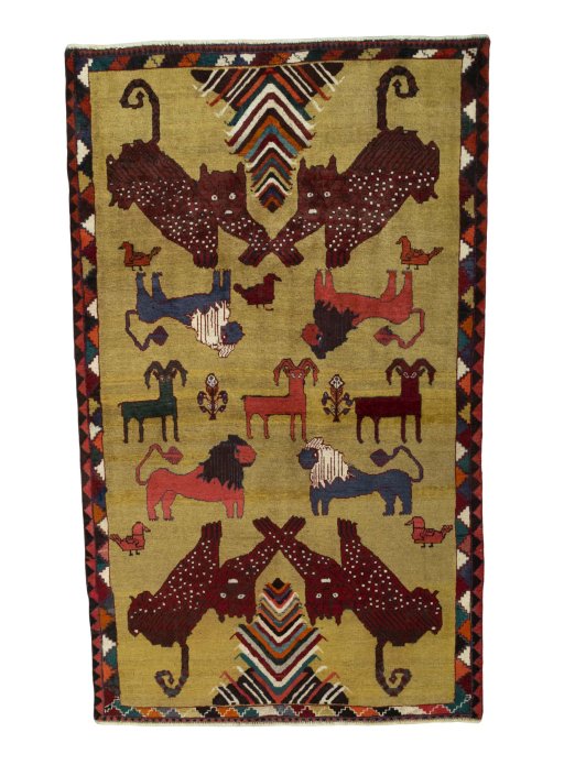 Full view of 2000s Persian Gabbeh rug from Iran / Persia, 204 × 123 cm in Yellow tones