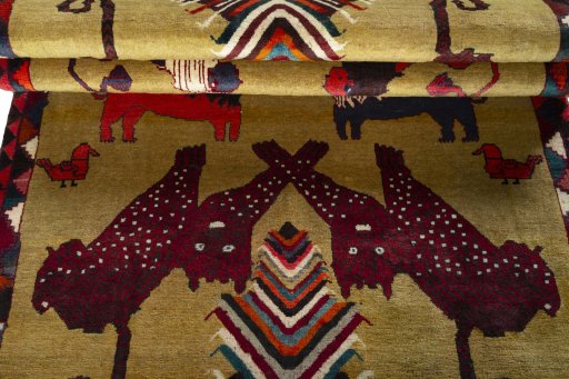 Full view of 2000s Persian Gabbeh rug from Iran / Persia, 204 × 123 cm in Yellow tones