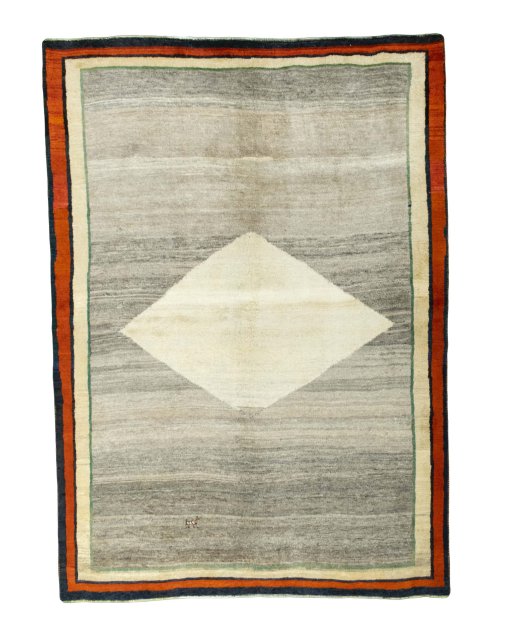 Full view of 2000s Persian Gabbeh rug from Iran / Persia, 275 × 197 cm in Beige tones