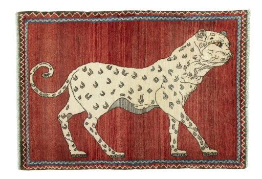 Full view of 2000s Persian Gabbeh rug from Iran / Persia, 148 × 105 cm in Red tones