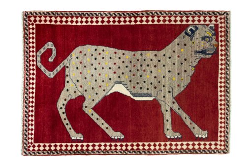 Full view of 2000s Persian Gabbeh rug from Iran / Persia, 145 × 103 cm in Red tones