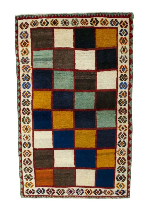 Full view of 2000s Persian Gabbeh rug from Iran / Persia, 195 × 122 cm in Multi Color tones