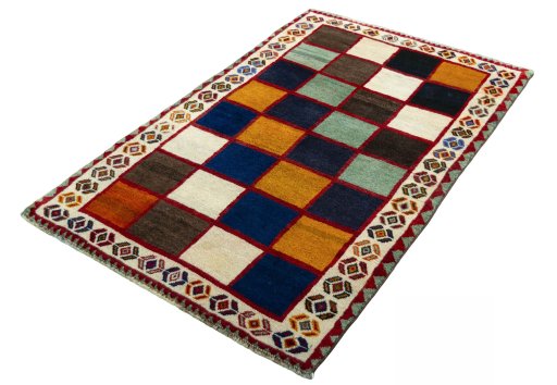 Corner detail of 2000s Persian Gabbeh rug showing border pattern and Wool pile
