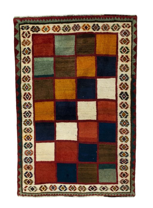 Full view of 2000s Persian Gabbeh rug from Iran / Persia, 175 × 113 cm in Multi Color tones