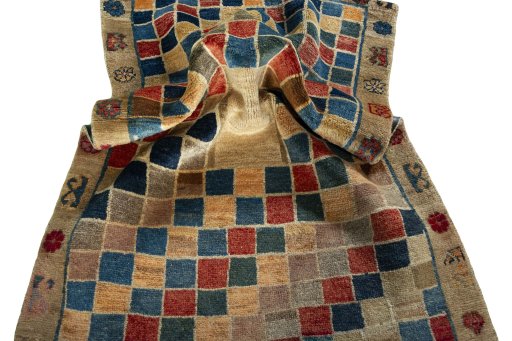 Close-up detail of 2000s Persian Gabbeh rug from Iran / Persia showing Wool weave