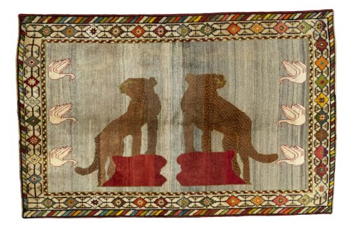 Full view of 2000s Persian Gabbeh rug from Iran / Persia, 247 × 160 cm in Beige tones
