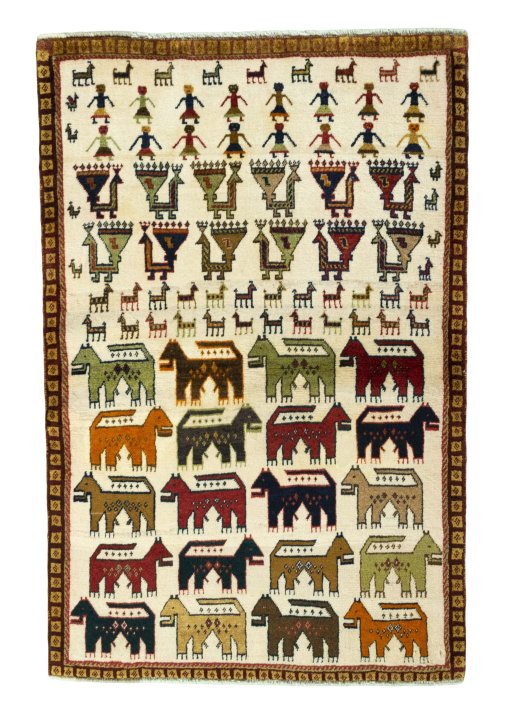 Full view of 2000s Persian Gabbeh rug from Iran / Persia, 161 × 107 cm in Beige tones