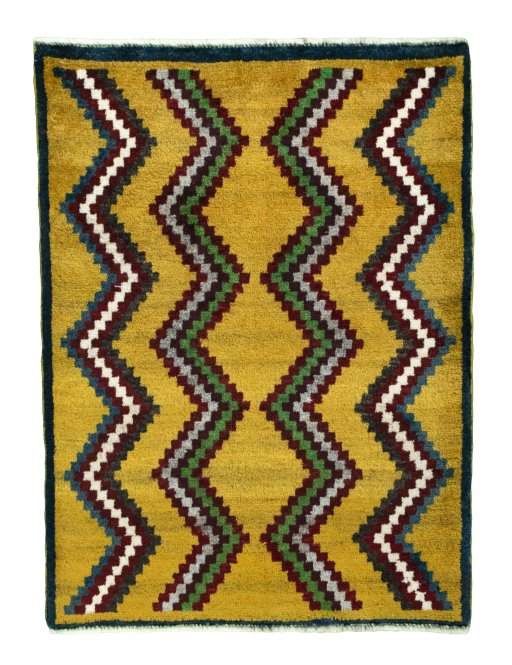 Full view of 2000s Persian Gabbeh rug from Iran / Persia, 97 × 73 cm in Yellow tones
