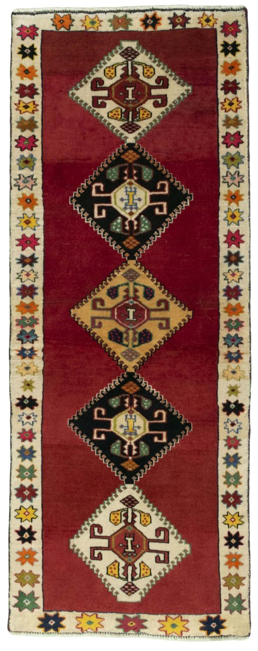 Full view of 2000s Persian Gabbeh rug from Iran / Persia, 181 × 71 cm in Red tones